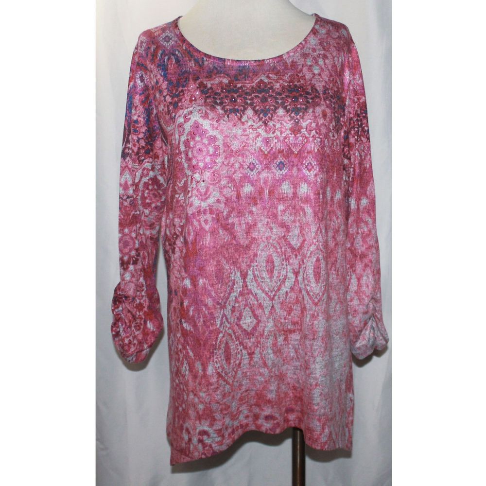 Kim Rogers Mauve & Gray Studded Shark Bite Ruched Sleeve Stretch Tunic Top XL